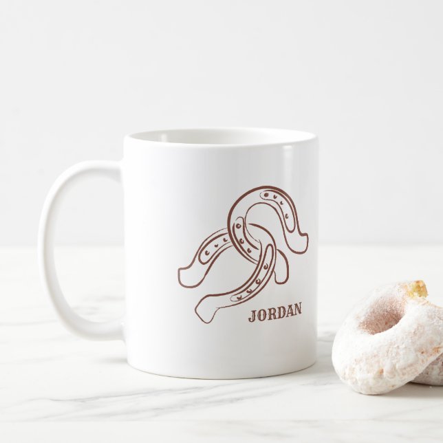 HandGezeichnet Hufeisen | Rustikaler brauner Weste Kaffeetasse (Mit Donut)