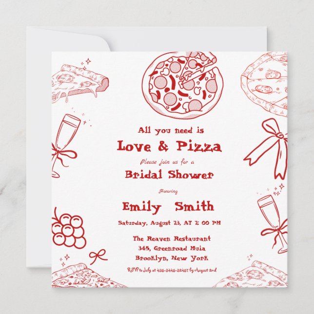 Handgezeichnet ist Liebe & Pizza Brautparty Einladung (Vorderseite)
