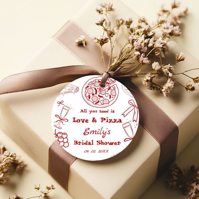 Handgezeichnet ist Liebe & Pizza Brautparty Geschenkanhänger (Von Creator hochgeladen)