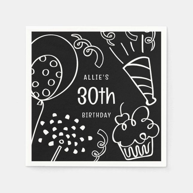 Handgezeichnet jedes Alter Geburtstagsparty Schwar Serviette (Vorderseite)