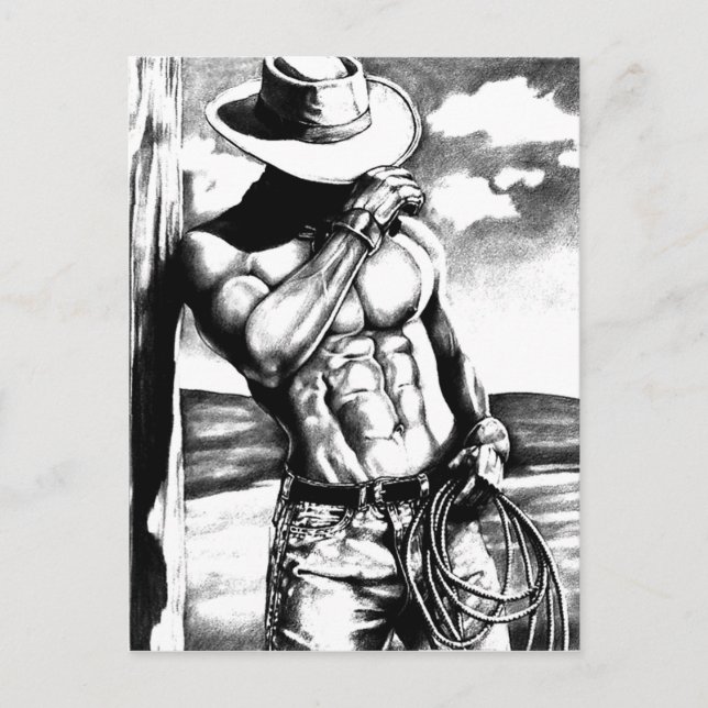 Handgezeichnet Kunsthandwerk Maskuline Western Cow Postkarte (Vorderseite)