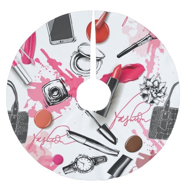 Handgezeichnet Make-up, Vintages Grafikmuster. Polyester Weihnachtsbaumdecke (Vorderseite)