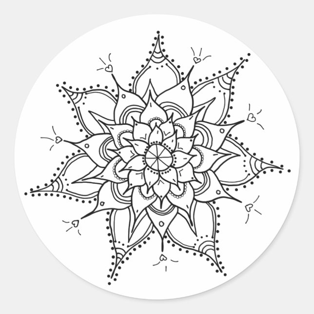 Handgezeichnet, Mandala, Schwarz und Weiß, Zen, He Runder Aufkleber (Vorderseite)