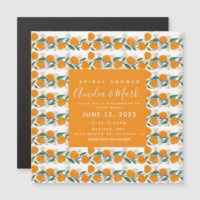 HandGezeichnet Orangefarbene Abstrakte Hochzeit Magneteinladung (Vorne/Hinten)
