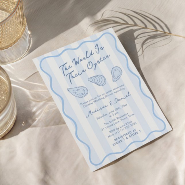 HandGezeichnet Oyster Roast Couples Polterabend Einladung (The world is their oyster trendy hand-drawn blue and white couples wedding shower invitation)