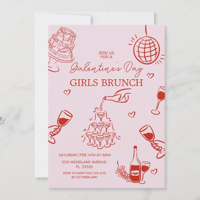 HandGezeichnet Pink Galentine's Girls Night Party Einladung (Vorderseite)