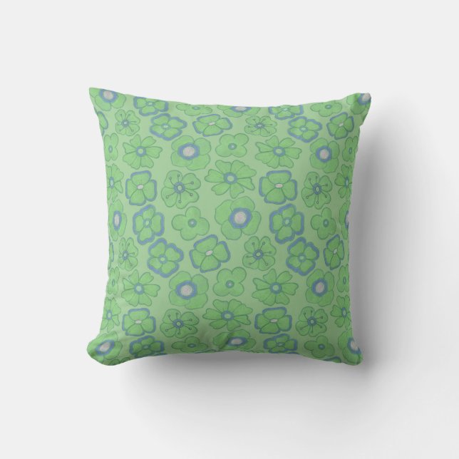 HandGezeichnet Retro-Blumenmuster in Grün und Blau Kissen (Vorderseite)
