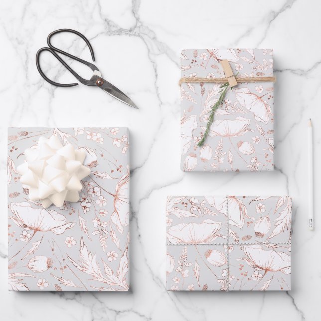 Handgezeichnet Rosa Wildblumen Muster Elegant Geschenkpapier Set (Vorderseite)