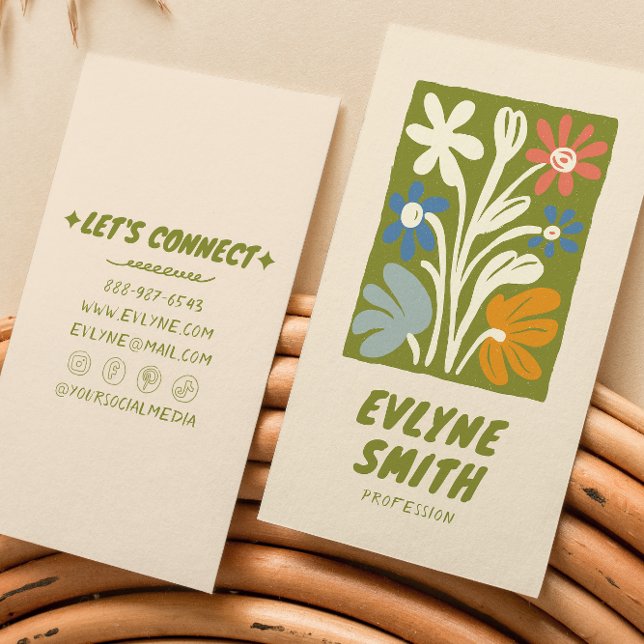 Handgezeichnet Schriftlich Grün kühl Retro Boho Fl Visitenkarte (Von Creator hochgeladen)