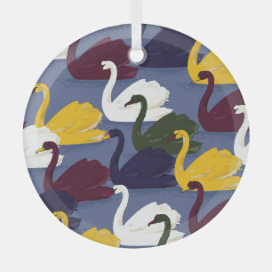 Handgezeichnet Schwäne, blaues Seemuster. Ornament Aus Glas