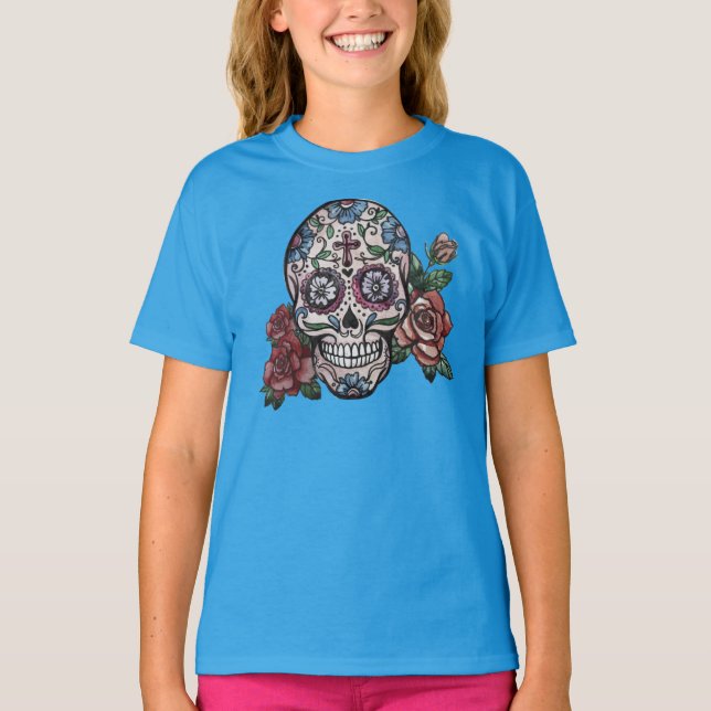 Handgezeichnet Skull Dia de los Muertos | Sleeve S T-Shirt (Vorderseite)