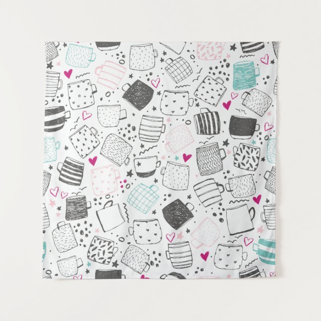 Handgezeichnet Tasse Muster, nahtlos gestaltet. Wandteppich (Vorderseite)