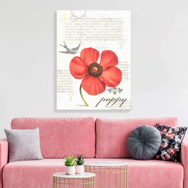 HandGezeichnet Vintage Rote Mohnblume, Leinwand (Insitu (Wohnzimmer))
