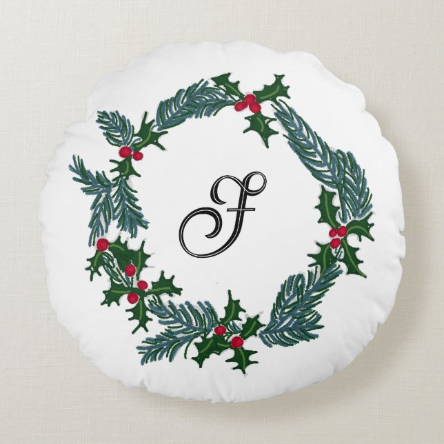 Handgezeichnet Weihnachtskranz, individualisierbar Rundes Kissen (Vorderseite)