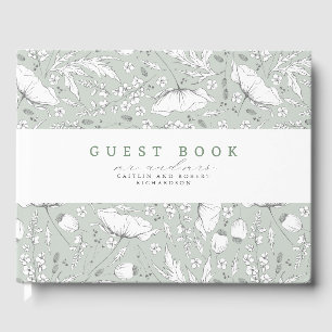 Handgezeichnet Wildblumen Elegant Sage Green Weddi Gästebuch