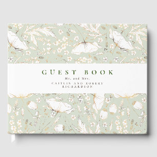 Handgezeichnet Wildblumen Elegant Sage Green Weddi Gästebuch