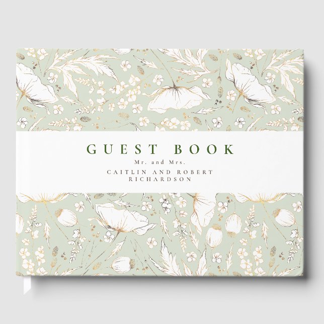 Handgezeichnet Wildblumen Elegant Sage Green Weddi Gästebuch (Vorderseite)