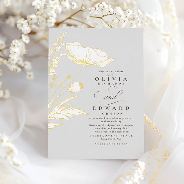 Handgezeichnet Wildblumen Elegante Hochzeit in Gra Folieneinladung (Wildflowers Minimalist Real Gold Foil Wedding Invitations)