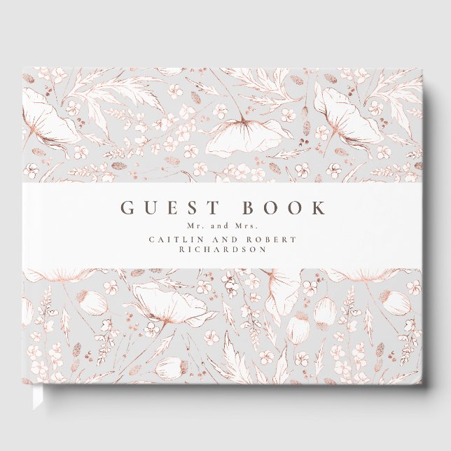 Handgezeichnet Wildblumen Elegante Hochzeit in Gra Gästebuch (Vorderseite)