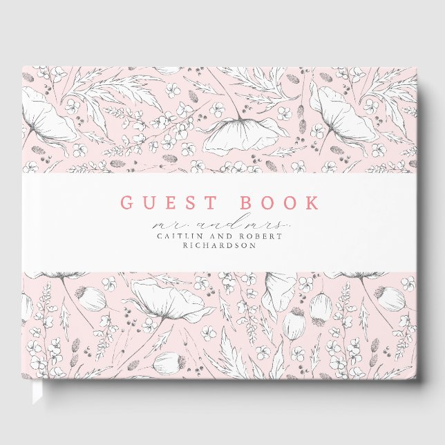 Handgezeichnet Wildblumen Elegante Rosa Hochzeit Gästebuch (Vorderseite)