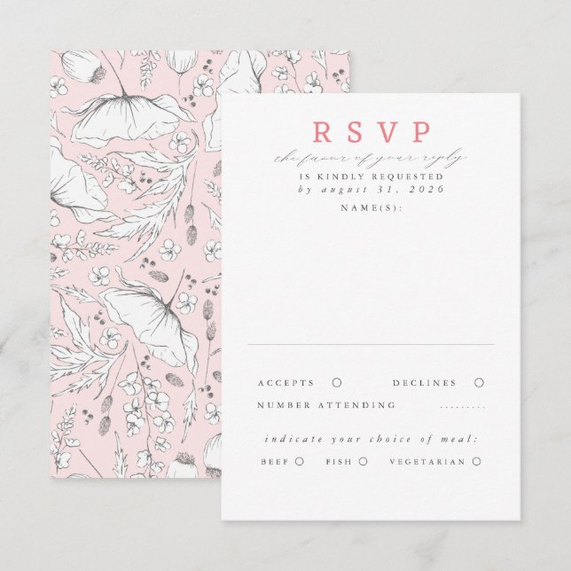 Handgezeichnet Wildblumen Rosa Hochzeit RSVP Karte (Vorne/Hinten)