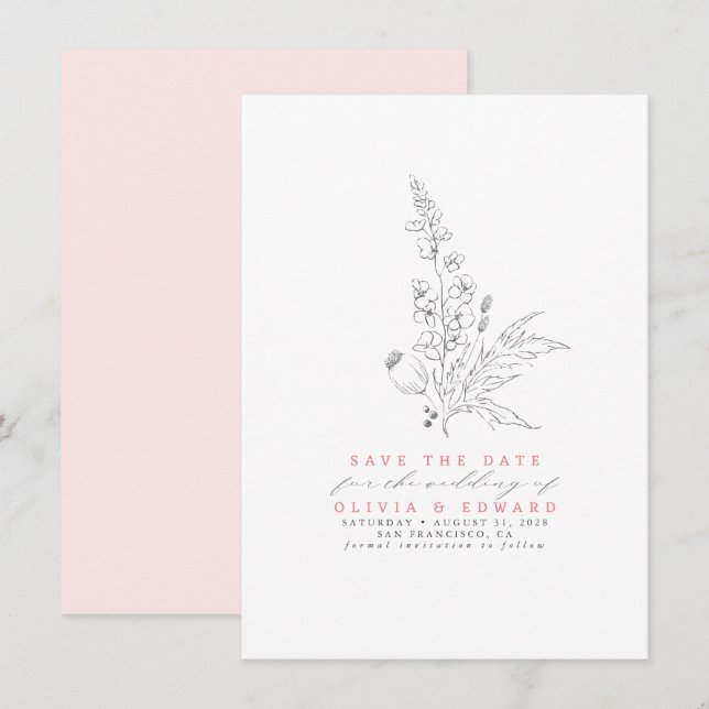 Handgezeichnet Wildblumen Save the Date rosa (Vorne/Hinten)