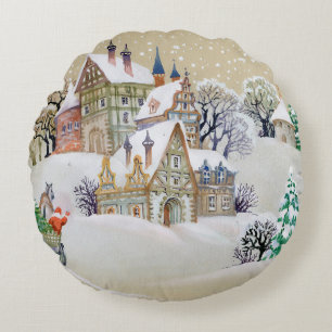 Handgezeichnete Abbildung mit Winterlandschaft und Rundes Kissen