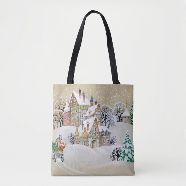Handgezeichnete Abbildung mit Winterlandschaft und Tasche (Vorderseite)