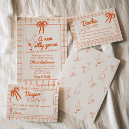 Handgezeichnete Alberne Gänse Gingham Ribbon Babyd Einladung