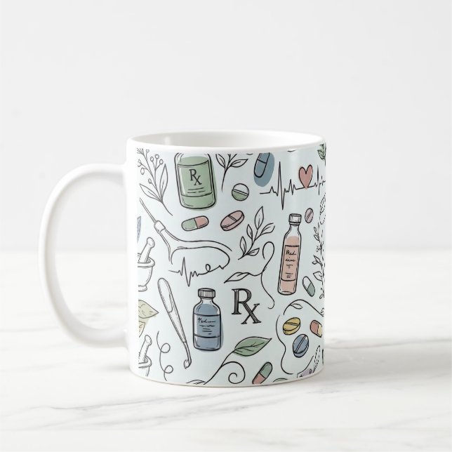 Handgezeichnete Apotheken-Doodle-Tasse | Moderne W Kaffeetasse (Links)