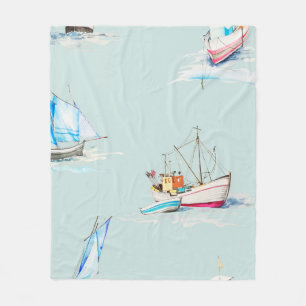 handgezeichnete Aquarell-Segelboot-Illustrationsse Fleecedecke