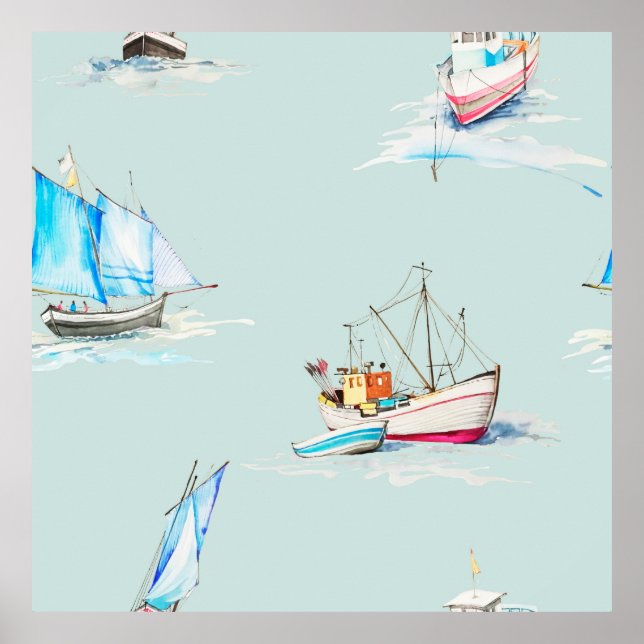 handgezeichnete Aquarellbilder für Segelboote Poster (Vorne)
