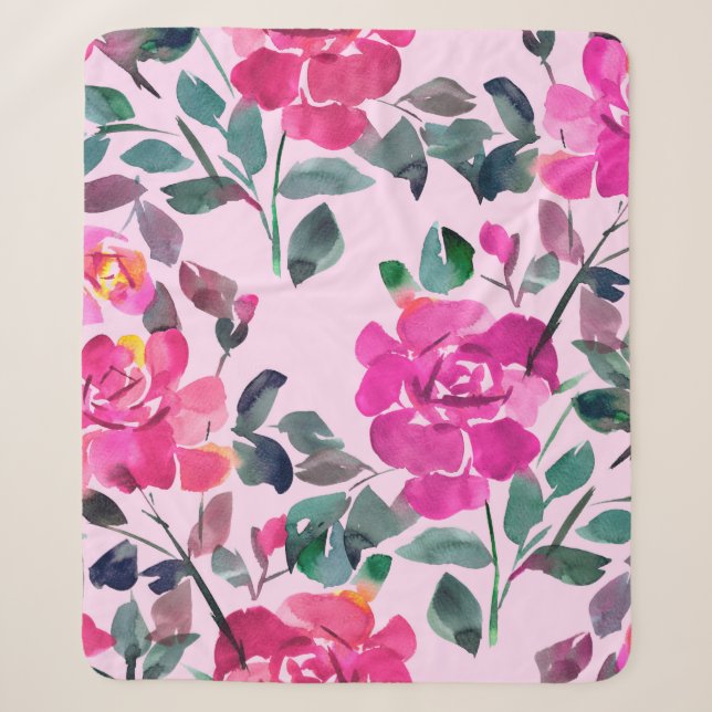 Handgezeichnete Aquarellfarben opulente Rose. Naht Sherpadecke (Vorderseite)
