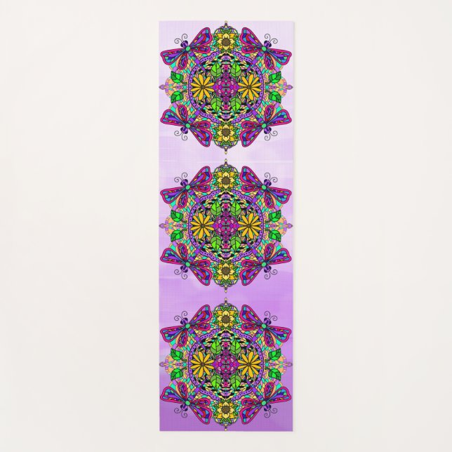 Handgezeichnete Art Dragonfly Mandala Lila farbig Yogamatte (Vorderseite)