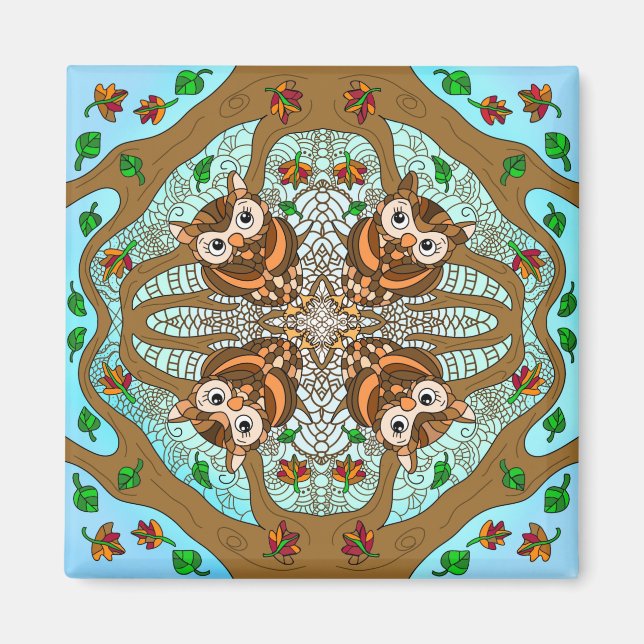 Handgezeichnete Art Owl Mandala Magnet (Vorne)