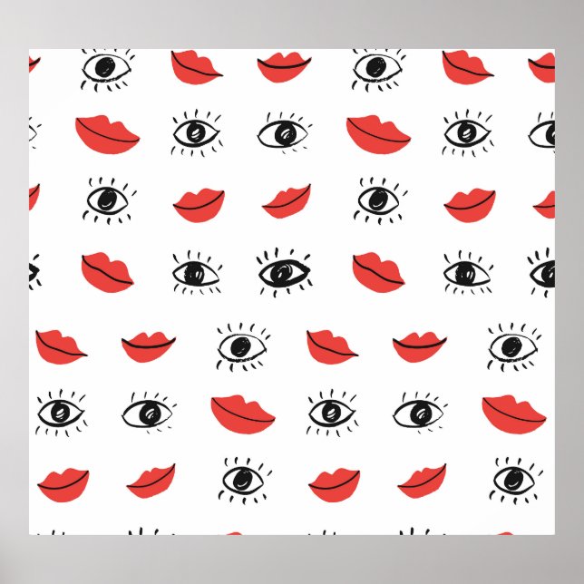 Handgezeichnete Augen, Lippen, trendy Muster. Poster (Vorne)