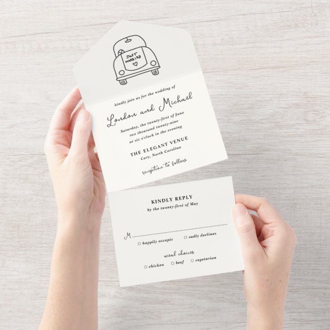 Handgezeichnete Auto-Doodle-Moderne-Hochzeit All In One Einladung (Abreißen)