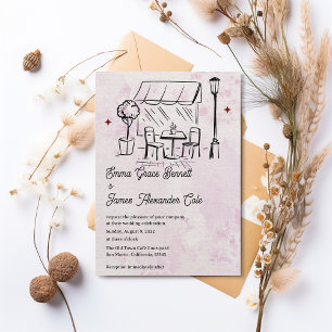 Handgezeichnete Bistro-Café-Innenhof-Hochzeit Einladung