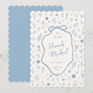 Handgezeichnete blaue Blumen Winterhochzeit Save The Date
