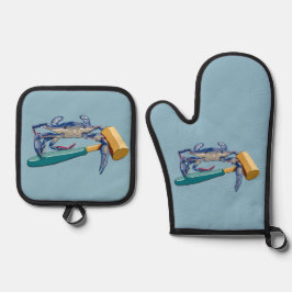 Handgezeichnete blaue Krabbe mit Hammer Mallet Cra Ofenhandschuh & Topflappen-Set