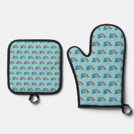 Handgezeichnete blaue Krabbe mit Hammer Mallet Cra Ofenhandschuh & Topflappen-Set