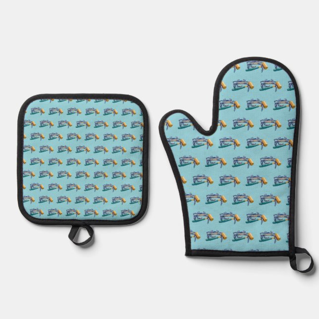 Handgezeichnete blaue Krabbe mit Hammer Mallet Cra Ofenhandschuh & Topflappen-Set (Vorderseite)
