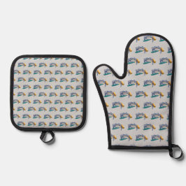 Handgezeichnete blaue Krabbe mit Hammer Mallet Cra Ofenhandschuh & Topflappen-Set