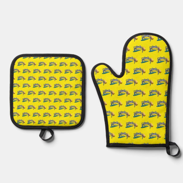 Handgezeichnete blaue Krabbe mit Hammer Mallet Cra Ofenhandschuh & Topflappen-Set (Vorderseite)