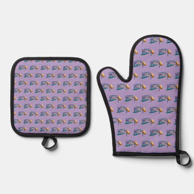 Handgezeichnete blaue Krabbe mit Hammer Mallet Cra Ofenhandschuh & Topflappen-Set (Vorderseite)