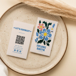 Handgezeichnete blaue Retro Groovy QR Code floral Visitenkarte