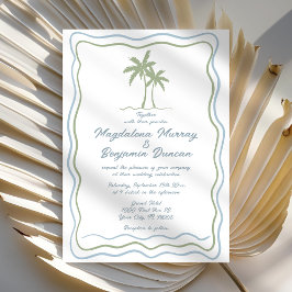 Handgezeichnete blaue Wavy Frame Palm Tree Hochzei Einladung