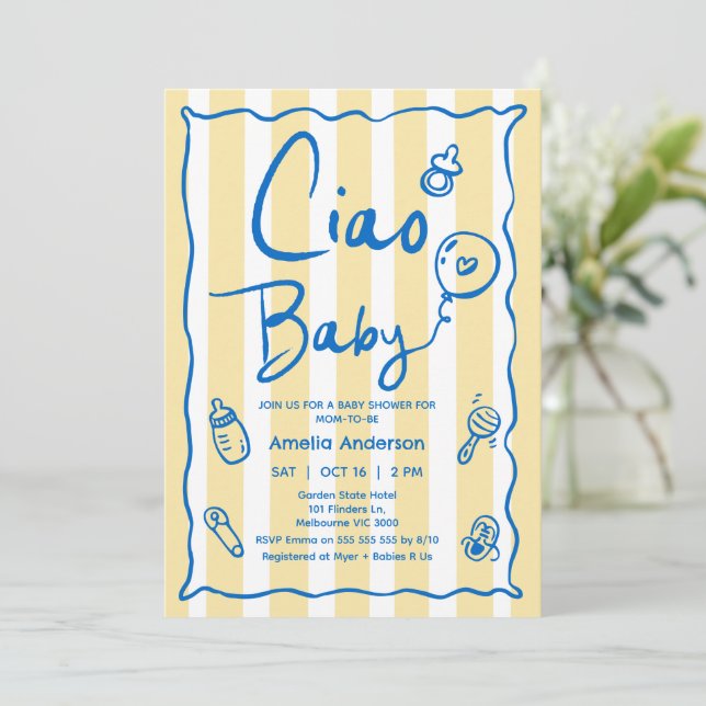 Handgezeichnete Blue Yellow Ciao Baby Dusche Einladung (Stehend Vorderseite)