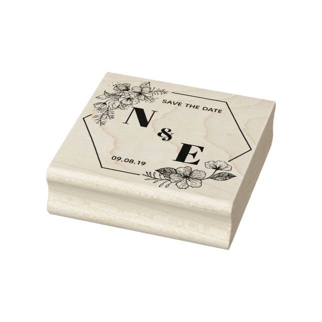 Handgezeichnete Blume mit Monogramm Hexagon Gummistempel (Stempel)