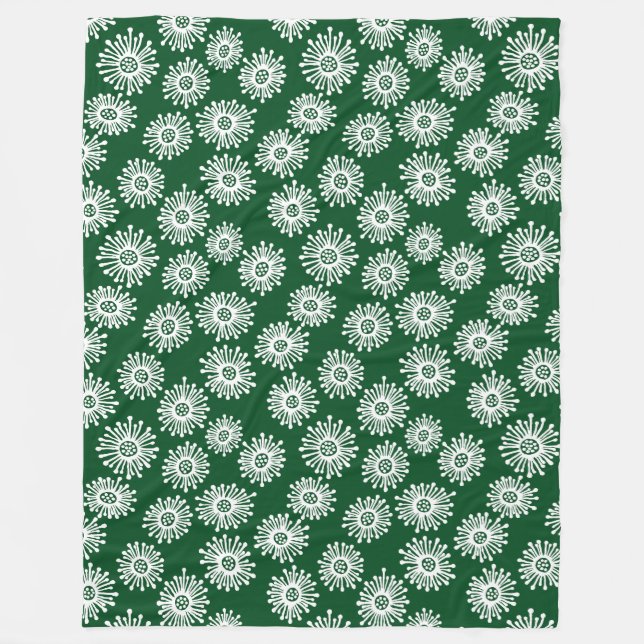 Handgezeichnete Blume - Weiß auf Dunkelgrün 02481c Fleecedecke (Vorderseite)